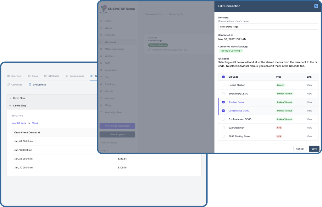 SNAPnTAP Platform - menu connections