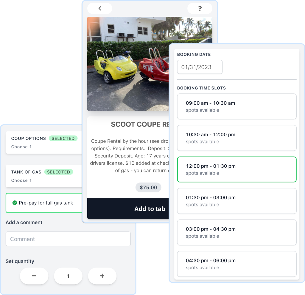 Sample menu page with booking windows